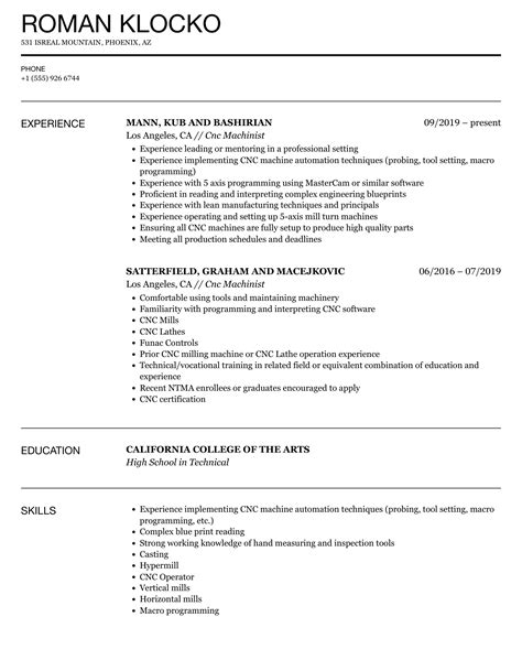 cnc machine operator resume templates|example of cnc machinist resume.